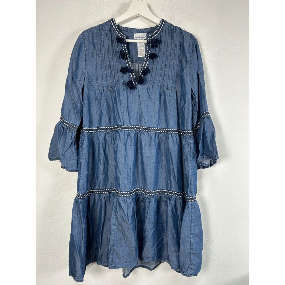 Tommy Bahama Womens Chambray Embroidered Dress Swim Cover-Up XS Blue Boho Tunic